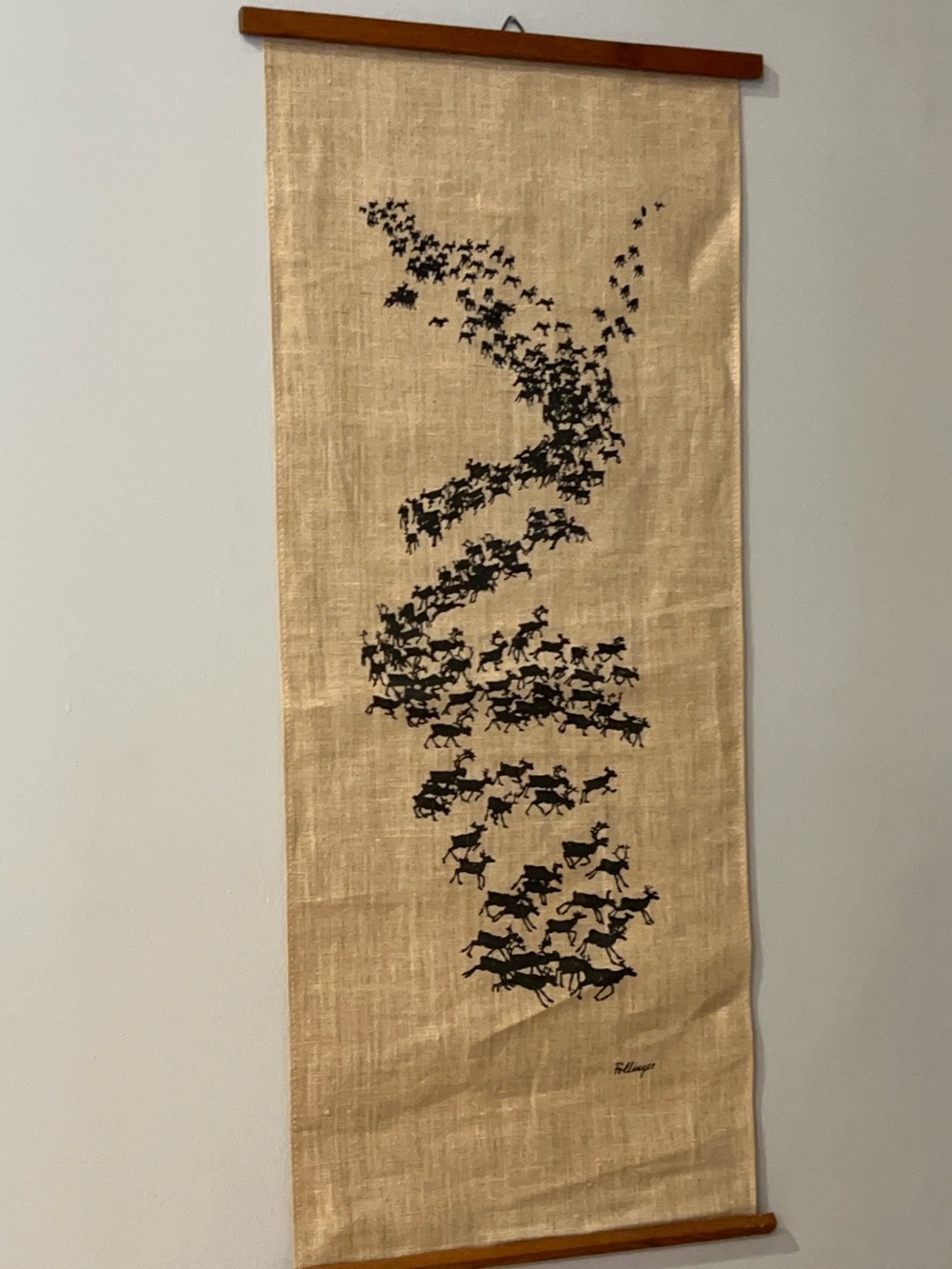Vintage Torsten Follinger Reindeer Herd Linen Wall Hanging Swedish MCM 27x12